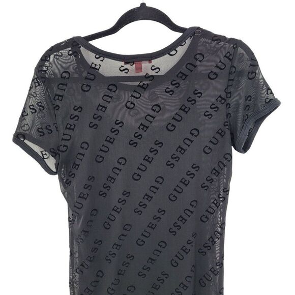 Y2K Guess Black Sheer Mesh Velvet Logo Spell Out Mini Slip‎ Dress Womens Sz M - Picture 12 of 14